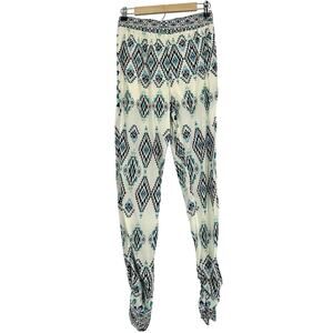 NEW Francescas Boho Pull On Pants Cream Blue Print Shirred Cuffs Aztec Size M